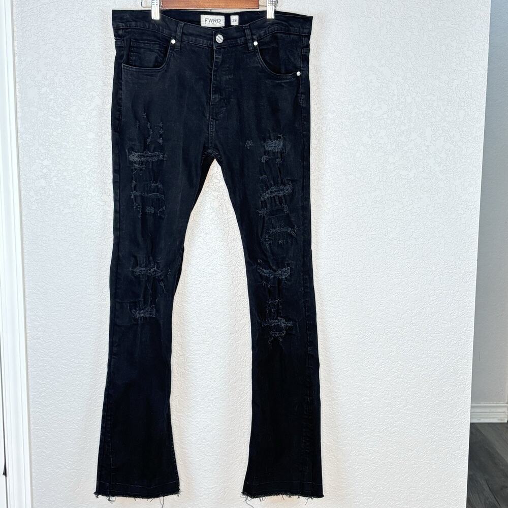 Men's FWRD Stacked Jeans Distressed Flare Leg Black Size 38x36